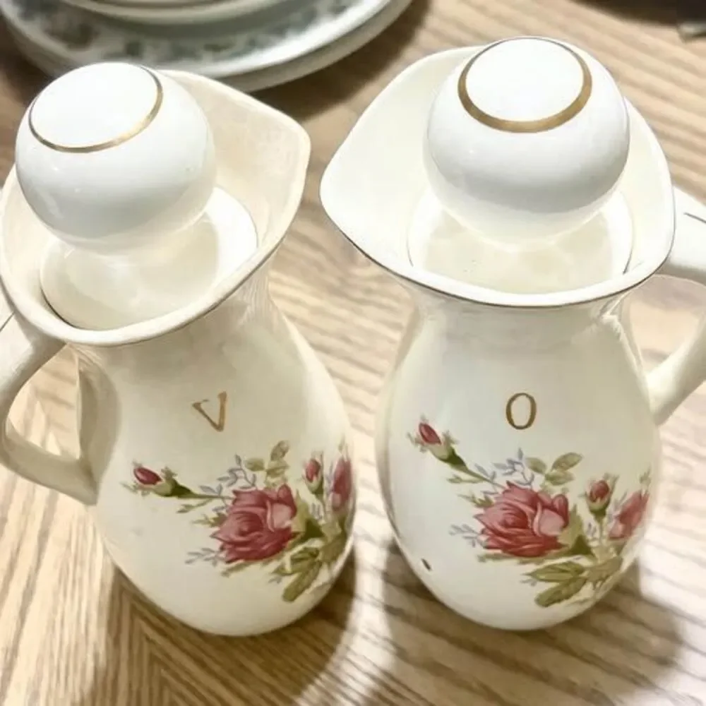 Vintage Japan Moss Rose Oil & Vinegar Cruet Set w/ Stoppers